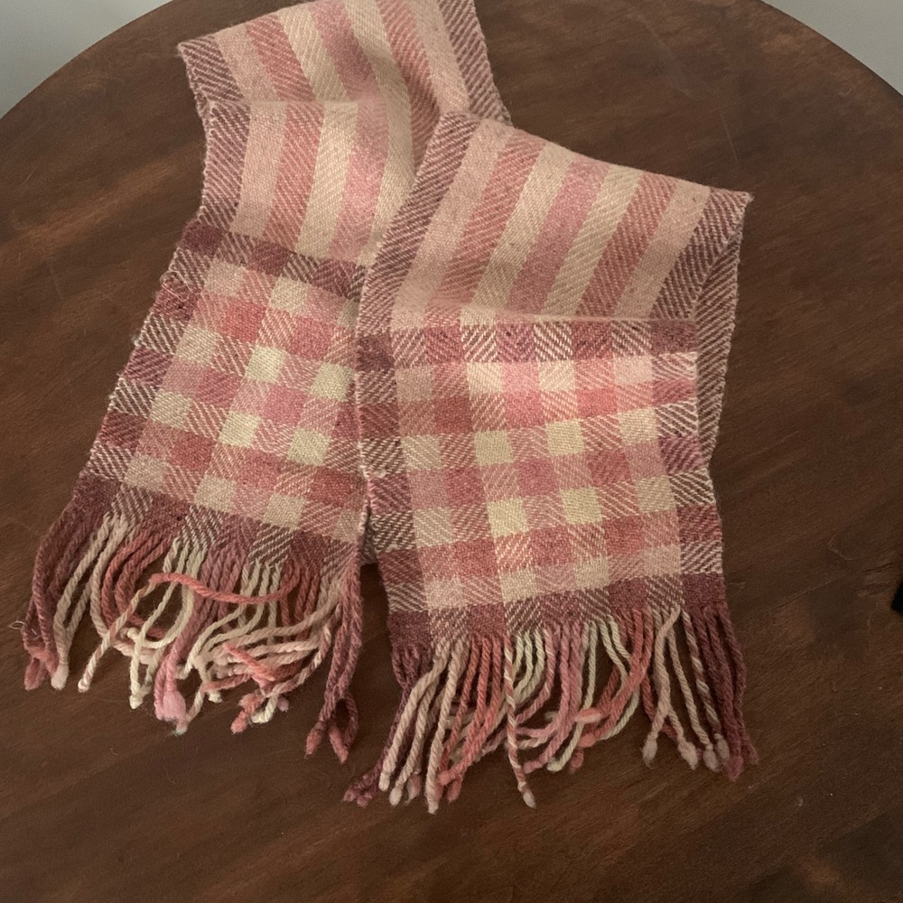Margriet Hogue Pink and Cream Plaid wool scarf